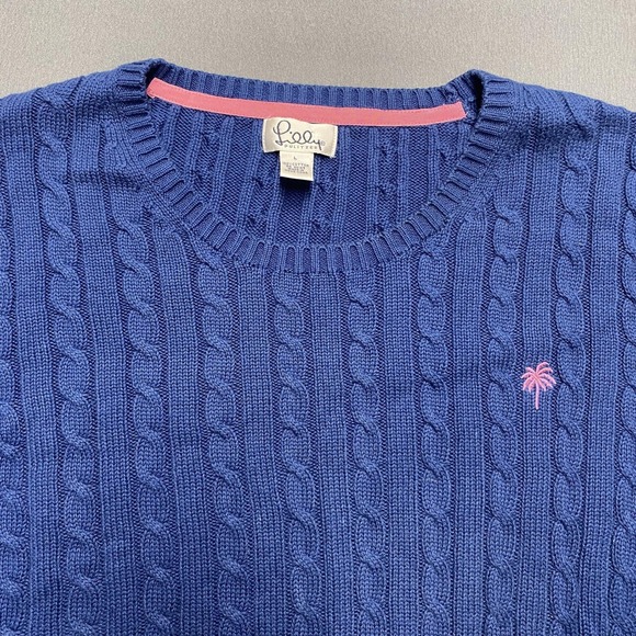 Lilly Pulitzer Sweater Womens Large Blue Cable‎ Knit Cotton Crewneck Logo - Picture 2 of 7